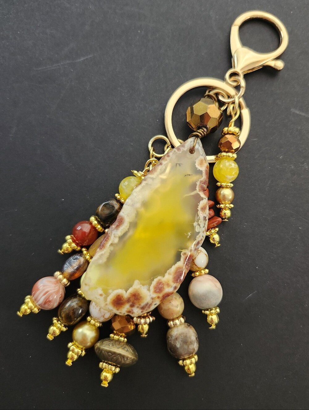 Geode Yellow Agate Purse Charm Coral Jasper Carnelian Shell Handcrafted